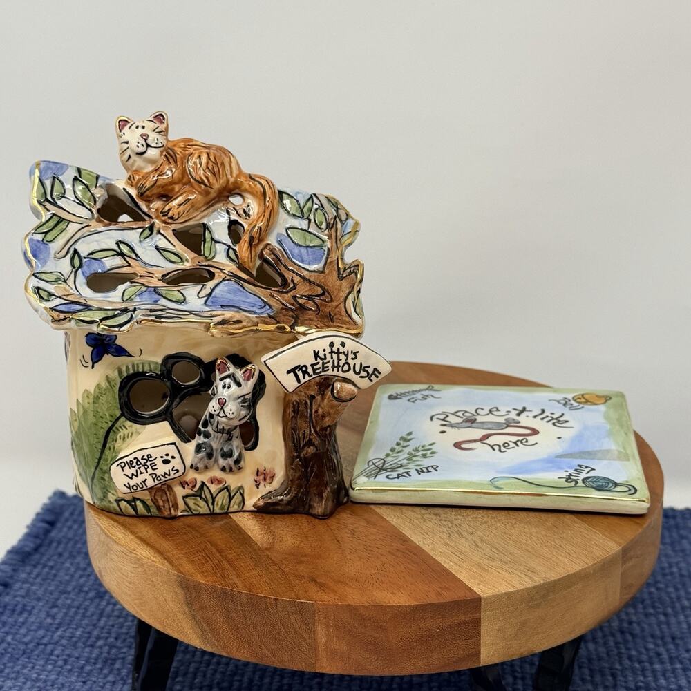 Blue Sky Clayworks Heather Goldminc House Kittys Cat Treehouse Tea Light Holder
